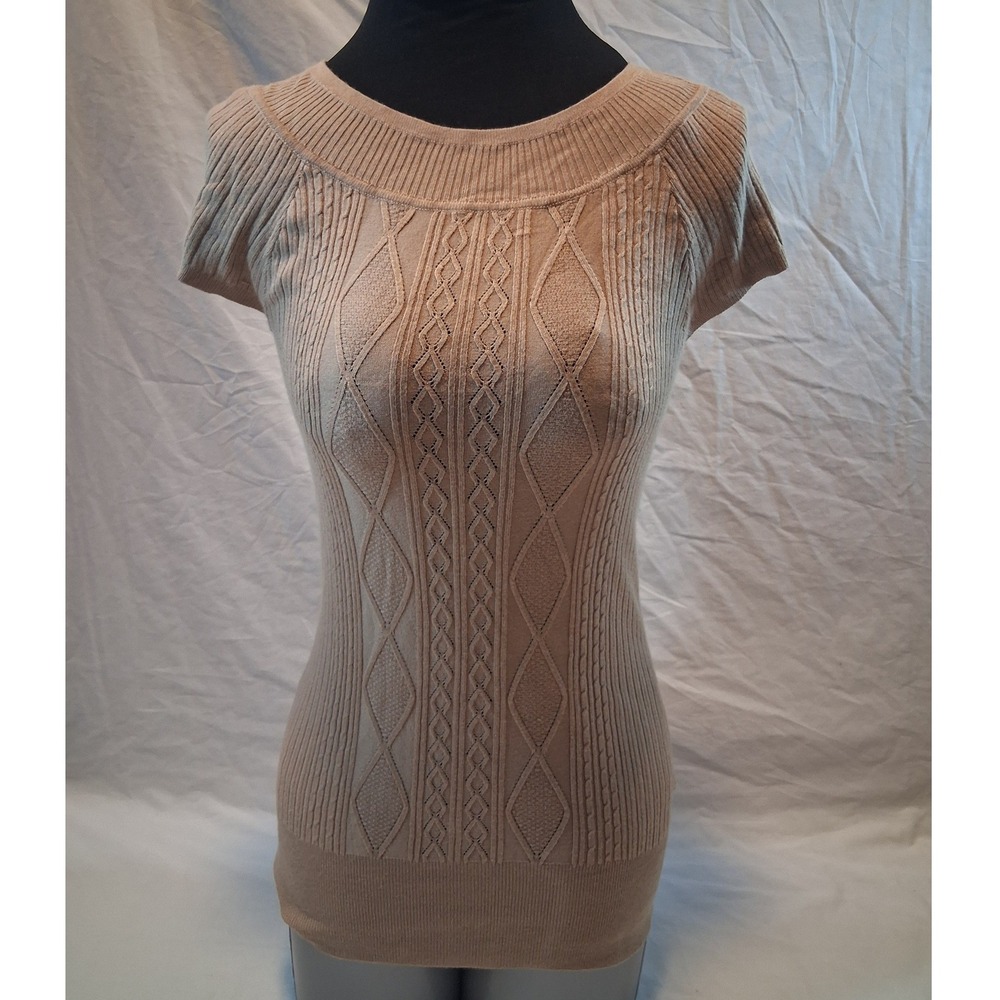 Dressbarn Women Tan Beige Cable Knit Short Sleeve Sweater Scoop Neck Small NWT